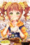  1girl :t background_text blush bowl brown_hair chopsticks closed_mouth commentary_request crying crying_with_eyes_open dated eating ech flower food green_eyes hair_flower hair_ornament holding holding_bowl holding_chopsticks hood hood_down hoodie idolmaster idolmaster_(classic) long_hair long_sleeves looking_at_viewer orange_hoodie overalls puffy_long_sleeves puffy_sleeves sidelocks solo sparkle takatsuki_yayoi tears translation_request twintails upper_body wavy_mouth yellow_flower 