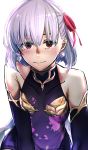  1girl blush breastplate breasts collarbone earrings elbow_gloves fate/grand_order fate_(series) gloves hair_ribbon i-pan jewelry kama_(fate/grand_order) looking_at_viewer purple_gloves purple_hair red_eyes ribbon short_hair simple_background solo white_background 