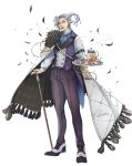  1boy anotherxalice black_pants blue_neckwear cane cartolaio cup earrings feather_trim feathers full_body grey_hair holding holding_tray horns jewelry long_sleeves looking_at_viewer male_focus official_art open_mouth pants pointy_ears shoes standing sugar_bowl tan teacup teapot tray vest 