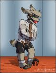  4_toes ankle_cuffs anthro asinus ball_gag bdsm bulge chain clothed clothing donkey equid equine eyewear fur gag goggles grey_fur harness_ball_gag horse hybrid leather male mammal mule muzzle_(object) paws rubber shackles solo straitjacket stuck submissive_male tagme toes vir-no-vigoratus 