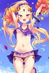  1girl :d abigail_williams_(fate/grand_order) arms_up bangs black_panties blonde_hair blue_skirt blue_sky blush cheerleader cloud crop_top crossed_bandaids day eyebrows_visible_through_hair fang fate/grand_order fate_(series) gluteal_fold groin high_ponytail holding long_hair looking_at_viewer navel open_mouth outdoors panties parted_bangs pleated_skirt pom_poms ponytail purple_footwear red_eyes sharp_teeth shoes side-tie_panties skirt skirt_lift sky smile solo suction_cups sweat teeth tentacle toraishi_666 underwear very_long_hair 