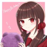  1girl blush brown_hair collarbone commentary_request danganronpa dot_nose eyebrows_visible_through_hair face hair_ornament hairclip happy_birthday harukawa_maki heart highres holding holding_stuffed_toy long_hair looking_at_viewer low_twintails mole mole_under_eye new_danganronpa_v3 piatin red_eyes red_scrunchie red_shirt scrunchie shirt simple_background solo twintails two-tone_background wavy_mouth 