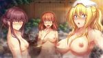  3girls areolae bangs blonde_hair blue_eyes blush breasts brown_eyes closed_mouth collarbone embarrassed eyebrows_visible_through_hair game_cg hair_up hand_up kisaragi_mitama korekara_anata_o_ubau_kara_yuuwaku_soudatsu_sisters large_breasts long_hair looking_at_viewer looking_down medium_breasts midou_aya mole mole_under_eye multiple_girls navel night nipples nude official_art onsen open_mouth partially_submerged patricia_brown pov purple_hair shiny shiny_skin sidelocks sitting smile steam stomach surprised tai_(nazutai) tareme toned towel towel_on_head tsurime water wet yellow_eyes 