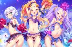  3girls :d abigail_williams_(fate/grand_order) arm_up armpits arms_up ass bangs bare_shoulders black_panties blonde_hair blue_eyes blue_hair blue_skirt blue_sky blush breasts cheerleader cloud collarbone confetti crop_top crossed_bandaids day eyebrows_visible_through_hair facial_scar fang fate/grand_order fate_(series) forehead gluteal_fold gradient_hair green_eyes groin hair_between_eyes hair_ornament hair_scrunchie high_ponytail highres holding jack_the_ripper_(fate/apocrypha) long_hair looking_at_viewer looking_back multicolored_hair multiple_girls navel no_panties open_mouth outdoors panties parted_bangs parted_lips pleated_skirt pom_poms ponytail purple_eyes purple_footwear purple_hair red_eyes scar scar_across_eye scar_on_cheek scrunchie sharp_teeth shoes side-tie_panties silver_hair skirt skirt_lift sky small_breasts smile suction_cups sweat teeth tentacle toraishi_666 underwear very_long_hair wu_zetian_(fate/grand_order) yellow_scrunchie 