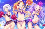  3girls :d abigail_williams_(fate/grand_order) arm_up armpits arms_up ass bangs bare_shoulders black_panties blonde_hair blue_eyes blue_hair blue_skirt blue_sky blush breasts cheerleader cloud collarbone commentary_request confetti crop_top crossed_bandaids day eyebrows_visible_through_hair facial_scar fang fate/grand_order fate_(series) forehead gluteal_fold gradient_hair green_eyes groin hair_between_eyes hair_ornament hair_scrunchie high_ponytail highres holding jack_the_ripper_(fate/apocrypha) keyhole long_hair looking_at_viewer looking_back multicolored_hair multiple_girls navel no_panties open_mouth outdoors panties parted_bangs parted_lips pleated_skirt pom_poms ponytail purple_eyes purple_footwear purple_hair scar scar_across_eye scar_on_cheek scrunchie shoes shoulder_tattoo side-tie_panties silver_hair skirt skirt_lift sky small_breasts smile suction_cups sweat tattoo tentacle toraishi_666 underwear very_long_hair white_panties wu_zetian_(fate/grand_order) yellow_scrunchie 