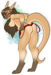  annoyed brown_eyes brown_hair clothing digitigrade dressing female hair half-closed_eyes hand_on_hip hi_res hiddenwolf long_hair looking_at_viewer macropod mammal marsupial nipples nude pouch_(anatomy) ruby_(comfycreations) simple_background solo thick_tail underwear 
