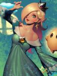  1girl bare_shoulders bellhenge blonde_hair blue_eyes breasts cleavage crown dress earrings hair_over_one_eye jewelry lips long_hair looking_at_viewer mario_(series) nintendo open_mouth rosalina simple_background smile solo star star_earrings super_mario_galaxy super_smash_bros. wand 