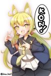  1girl animal_ears black_skirt blonde_hair blue_jacket commentary_request cowboy_shot crescent crescent_moon_pin fox_ears jacket kantai_collection kemonomimi_mode kinubari_nerune long_hair long_sleeves looking_at_viewer low_twintails neckerchief open_mouth pleated_skirt remodel_(kantai_collection) satsuki_(kantai_collection) shirt skirt smile solo twintails white_background white_shirt yellow_eyes yellow_neckwear 