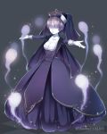  1girl absurdres anotherxalice bangs blunt_bangs breasts cleavage copyright_name dress facing_viewer full_body ghost grey_background habit hair_over_eyes highres long_sleeves nyasunyadoora open_mouth pale_skin purple_dress purple_hair short_hair small_breasts solo standing 