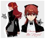  1girl black_jacket blazer bow brown_eyes closed_mouth hair_bow jacket long_hair looking_at_viewer persona persona_5 persona_5_the_royal ponytail poti red_bow red_hair shuujin_academy_uniform simple_background smile solo twitter_username upper_body 