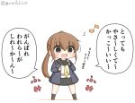  1girl black_sailor_collar black_skirt blue_jacket brown_eyes brown_hair chibi commentary_request crescent crescent_moon_pin eighth_note full_body fumizuki_(kantai_collection) goma_(yoku_yatta_hou_jane) jacket kantai_collection long_hair microphone music musical_note neckerchief open_mouth pleated_skirt ponytail remodel_(kantai_collection) sailor_collar school_uniform serafuku shirt simple_background singing skirt solo standing translation_request twitter_username white_background white_shirt yellow_neckwear 