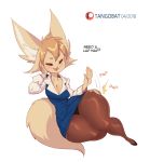  aggressive_retsuko anthro big_thighs blush breasts camel_toe canid canine cleavage clothed clothing dialogue english_text female fennec fenneko fox legwear mammal open_mouth panties panty_shot patreon sanrio short_stack simple_background smile solo stockings tangobat text thick_thighs underwear watermark white_background wide_hips 