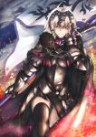  1girl absurdres ahoge armor armored_dress bangs black_dress black_legwear blood breasts cape chains clenched_teeth dress eyebrows_visible_through_hair fate/grand_order fate_(series) fire flag fur-trimmed_cape fur_collar fur_trim gauntlets headpiece highres holding holding_flag holding_sword holding_weapon injury jeanne_d&#039;arc_(alter)_(fate) jeanne_d&#039;arc_(fate) jeanne_d&#039;arc_(fate)_(all) kuromu large_breasts legs_crossed looking_at_viewer short_hair sidelocks silver_hair solo standard_bearer sword teeth thighhighs tsurime weapon wind yellow_eyes 