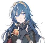  1girl armor artist_request blue_eyes blue_hair blush cape fire_emblem fire_emblem:_kakusei gloves highres long_hair looking_at_viewer lucina mask nintendo simple_background smile solo tiara white_background 