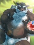  ahab armpit_hair beach_chair beard belly beverage body_hair bovid bovine bulge chest_hair clothing debirobu facial_hair male mammal mature_male musclegut mustache nipples scar tokyo_afterschool_summoners true_buffalo underwear video_games water_buffalo 