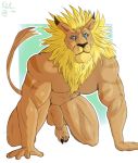  2019 anthro balls barazoku biceps blue_eyes claws cum digimon digimon_(species) digital_drawing_(artwork) digital_media_(artwork) ear_piercing felid feline foreskin fur hair hi_res humanoid_penis kirlanlion leomon lion male mammal mane muscular muscular_male nude pantherine penis piercing simple_background solo uncut 