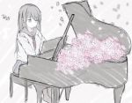  1girl 7_calpis_7 bangs blush_stickers closed_mouth commentary_request dated eyebrows_visible_through_hair eyes_closed flower greyscale hair_between_eyes instrument long_sleeves monochrome music neckerchief original pantyhose petals piano piano_bench pink_flower playing_instrument playing_piano pleated_skirt sailor_collar school_uniform serafuku shirt skirt smile solo spot_color 