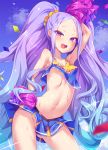  1girl :d arm_up armpits bangs bare_shoulders blue_hair blue_skirt blue_sky blush breasts cheerleader cloud collarbone confetti day fang fate/grand_order fate_(series) forehead gradient_hair groin hair_ornament hair_scrunchie holding long_hair looking_at_viewer multicolored_hair navel no_panties open_mouth outdoors parted_bangs pleated_skirt pom_poms purple_eyes purple_hair scrunchie skirt sky small_breasts smile solo toraishi_666 twintails very_long_hair wu_zetian_(fate/grand_order) yellow_scrunchie 
