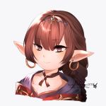  1girl bangs braid brown_hair choker cloak earrings eyebrows_visible_through_hair granblue_fantasy haaselila harvin hoop_earrings jewelry long_hair pointy_ears ribbon_choker shinosatsu simple_background single_braid tagme 