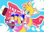  2019 aircraft airplane anthro blue_eyes blush booty_shorts bra canid canine clothed clothing cloud crossdressing dipstick_tail footwear fox fur girly gloves hi_res male mammal miles_prower multicolored_tail open_mouth signature solo sonic_(series) sports_bra tailchana underwear white_fur yellow_fur 