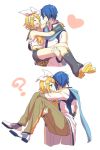  1boy 1girl 2koma :d :o ? ^_^ akiyoshi_(tama-pete) blonde_hair blue_eyes blue_hair blue_scarf carrying closed_eyes coat comic covering_face embarrassed eyes_closed full_body headset heart hiding kagamine_rin kaito open_mouth pants princess_carry ribbon ribbon_hair sailor_collar scarf shirt short_hair shorts simple_background smile standing sweatdrop upper_body vocaloid white_background white_ribbon white_shirt 