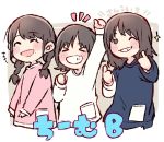  &gt;_&lt; +++ 3girls :d ^_^ akb48 arm_up black_eyes black_hair blue_shirt braid chibi clenched_hand closed_eyes commentary_request eyes_closed grin katou_rena kizaki_yuria long_hair mole mole_under_eye mole_under_mouth multiple_girls notice_lines one_eye_closed ooshima_ryouka open_mouth pink_shirt pocket real_life shirt short_hair smile sparkle taneda_yuuta thumbs_up twin_braids upper_body white_shirt 