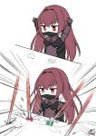  1girl 2koma bodysuit bongo_cat chibi comic commentary_request emphasis_lines face_mask fate/grand_order fate_(series) gae_bolg hair_intakes jitome long_hair mask meme okitakung pauldrons polearm purple_hair red_eyes scathach_(fate)_(all) scathach_(fate/grand_order) solo spear twitter weapon 