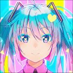  1girl black_border blue_background blue_eyes blue_hair border close-up collared_shirt eyebrows_visible_through_hair face hair_between_eyes hakusai_(tiahszld) happy hatsune_miku heart heart-shaped_pupils long_hair looking_at_viewer multicolored multicolored_background multicolored_hair pink_background pink_hair pink_shirt shirt smile solo symbol-shaped_pupils twintails two-tone_hair vocaloid yellow_background 