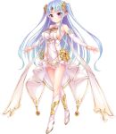  1girl arm_warmers bare_shoulders blue_hair blush breasts cleavage dress full_body hair_ornament jewel_princess long_hair looking_at_viewer medium_breasts official_art pointy_ears purple_eyes smile solo standing two_side_up very_long_hair white_dress white_footwear 
