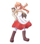  100_percent_orange_juice 1girl apron aviator_cap boots braid brown_eyes brown_hair dress flying_red_barrel highres kelsuis long_hair long_sleeves marc_(red_barrel) open_mouth pantyhose pig 