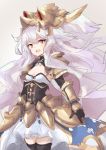  1girl armor armored_dress bangs blunt_bangs blush breasts crown fang gloves granblue_fantasy headpiece lavender_hair long_hair looking_at_viewer medusa_(shingeki_no_bahamut) open_mouth pointy_ears red_eyes shingeki_no_bahamut shoulder_armor simple_background sketch small_breasts smile solo thighhighs yu-ves 