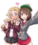  2girls :d absurdres bangs blonde_hair blue_eyes blush bob_cut brown_eyes brown_hair cardigan commentary_request cowboy_shot creatures_(company) double_v dress embarrassed eyebrows_visible_through_hair female_protagonist_(pokemon_swsh) game_freak green_headwear grey_cardigan hair_between_eyes hand_on_another&#039;s_shoulder hat heart highres holding jacket long_hair long_sleeves looking_at_another looking_at_viewer miniskirt multiple_girls necktie nervous nintendo open_mouth pae_(ac40935_m41) pink_dress pokemon pokemon_(game) pokemon_swsh school_uniform shiny shiny_clothes shiny_hair shiny_skin shirt short_hair simple_background skirt smile standing sweat sweatdrop tam_o&#039;_shanter unnamed_girl_(pokemon_swsh) v white_background 