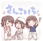  3girls :d ^_^ akb48 arm_up backwards_hat bangs baseball_cap black_hair blue_shirt blush_stickers chibi closed_eyes commentary_request eyes_closed grey_shirt grin hand_on_hip hat holding jumpsuit_around_waist katou_rena kizaki_yuria long_hair looking_at_another looking_at_viewer multiple_girls o_o ooshima_ryouka open_mouth overalls paint_can paintbrush pink_shirt real_life shirt short_hair short_sleeves sidelocks sleeves_pushed_up smile standing taneda_yuuta v-shaped_eyebrows white_overalls 