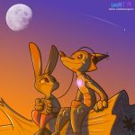  2019 anthro canid canine clothed clothing disney duo english_text fanartiguess female fox full_moon head_tuft headphones hi_res holding_object judy_hopps lagomorph log machine male mammal moon nick_wilde portable_music_player rabbit robot shooting_star signature sitting sky smile sunset text url wood zootopia 