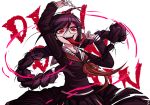  1girl black_hair braid danganronpa danganronpa_1 genocider_shou glasses holding holding_scissors kurokku-tokei long_hair looking_at_viewer mole mole_under_mouth pink_blood red_eyes school_uniform scissors serafuku skirt smile solo spoilers tongue tongue_out twin_braids 