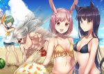  1boy 3girls abs absurdres animal_ears anotherxalice ball barefoot beach beachball bikini black_bikini black_hair blue_eyes breasts bunny_ears cat_ears cat_tail clenched_hand cloud corn facing_viewer food fruit green_eyes green_hair grey_hair heterochromia highres holding holding_tray long_hair looking_at_another looking_at_viewer medium_hair multiple_girls muscle navel nyasunyadoora ocean one_eye_closed outdoors parfait pink_eyes pink_hair sand shirt short_hair shorts sky sleeveless small_breasts smile swimsuit tail tray watermelon white_shirt yellow_bikini yellow_eyes 