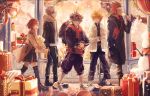  1girl 4boys axel_(kingdom_hearts) ayano_(katou) backpack bag blonde_hair boots brown_hair candy casual christmas coat eating food gift hood hood_down hoodie jacket kairi_(kingdom_hearts) kingdom_hearts lollipop looking_at_viewer multiple_boys open_mouth red_hair riku roxas shoes shopping_bag silver_hair smile sneakers snow snowing sora_(kingdom_hearts) spiked_hair storefront stuffed_animal stuffed_toy teddy_bear walking window 