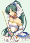  1girl bare_shoulders bouquet bride dress fire_emblem fire_emblem:_rekka_no_ken fire_emblem_heroes flower gloves green_eyes green_hair hair_flower hair_ornament high_ponytail long_hair looking_at_viewer lyndis_(fire_emblem) nintendo ponytail simple_background smile solo strapless strapless_dress wedding wedding_dress white_dress white_gloves wusagi2 