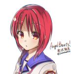  1girl angel_beats! bangs eyebrows_visible_through_hair from_side girls_dead_monster hair_between_eyes highres iwasawa key_(company) looking_at_viewer looking_to_the_side open_eyes open_mouth red_eyes red_hair ribbon school_uniform serafuku shinda_sekai_sensen_uniform shirt short_hair simple_background solo translation_request upper_body white_background white_shirt zuzuhashi 