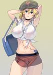  1girl arms_up bag black_choker blonde_hair blue_eyes breasts cabbie_hat cable choker collarbone commentary_request curvy digital_media_player earbuds earphones erect_nipples front-tie_top hair_between_eyes handbag hands_in_hair hat head_tilt highres large_breasts looking_at_viewer masao medium_hair mole mole_on_arm navel no_bra original see-through short_shorts shorts skindentation solo thighs 