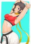  1girl arched_back armpits arms_up bandage bandaged_fingers bandages bandaid bandaid_on_nose belt black_belt black_hair blue_eyes bra breasts choker cleavage highres looking_at_viewer makoto_(street_fighter) medium_breasts navel pants red_bra ribbon_choker shigenobu short_hair smile solo sports_bra street_fighter street_fighter_iii_(series) stretch tape tomboy underwear 