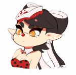  +_+ 1girl alternate_color aori_(splatoon) bare_shoulders black_hair breasts bug cleavage closed_mouth coula_cat detached_collar domino_mask earrings food food_on_head frown hair_rings insect jewelry ladybug long_hair mask mole mole_under_eye object_on_head orange_eyes pointy_ears polka_dot simple_background small_breasts solo splatoon splatoon_(series) splatoon_1 strapless symbol-shaped_pupils tentacle_hair upper_body white_background 