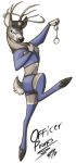  anthro antlers cervid cervine clothed clothing costume cuntboy digital_media_(artwork) grey_eyes handcuffs hooves horn intersex jayne_doe legwear lizet mammal police shackles shorts solo stockings uniform 