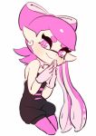  +_+ 1girl alternate_eye_color alternate_hair_color aori_(splatoon) bare_shoulders black_jumpsuit closed_mouth coula_cat detached_collar domino_mask earrings gloves hair_rings hands_up highres interlocked_fingers jewelry long_hair looking_at_viewer mask mole mole_under_eye pantyhose pink_eyes pink_hair pink_legwear pointy_ears short_jumpsuit simple_background smile solo splatoon splatoon_(series) splatoon_1 strapless suction_cups symbol-shaped_pupils tentacle_hair white_background white_gloves 
