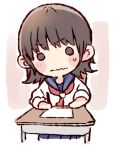  1girl akb48 bangs black_eyes blush brown_hair chibi commentary_request desk kizaki_yuria long_hair neckerchief o_o paper real_life red_neckwear school_desk school_uniform serafuku sitting sleeves_rolled_up solo sweatdrop taneda_yuuta wavy_mouth 