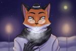  amber ambiguous_gender bow_tie bowler_hat canid canine classy clothing cold digital_media_(artwork) dis dis_the_fox eye-wear eyewear female feral fox foxxo fur gloves hat hi_res mammal simple_background smile solo winter 