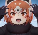  1girl animal_ears black_gloves blush brown_eyes day eyebrows_visible_through_hair fangs fur_collar gloves kemono_friends lesser_panda_(kemono_friends) long_sleeves looking_at_viewer multicolored_hair nyifu one_eye_closed open_mouth orange_hair red_panda_ears short_hair solo teeth tongue upper_body white_hair 