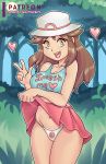  1girl absurdres belly blue_(pokemon) breasts brown_eyes brown_hair creatures_(company) eyebrows game_freak hat highres long_hair matching_hair/eyes nauth nintendo open_mouth panties pokemon pokemon_(game) pokemon_frlg shirt skirt smile solo stomach underwear 