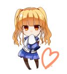  1girl angel_beats! bangs black_footwear blonde_hair blue_skirt brown_legwear chibi commentary_request eyebrows_visible_through_hair eyes_visible_through_hair full_body hair_ornament hair_ribbon hands_over_own_mouth headset heart highres key_(company) long_hair long_sleeves looking_at_viewer microphone open_eyes orange_eyes pantyhose ribbon shinda_sekai_sensen_uniform shirt shoes simple_background skirt sleeves_past_wrists solo standing twintails white_background white_shirt yusa_(angel_beats!) zuzuhashi 