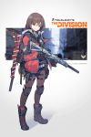  1girl boots brown_hair chinese_commentary commentary_request full_body gloves gun highres holding holding_gun holding_weapon jacket knee_pads logo nian original pantyhose red_eyes solo suppressor tom_clancy&#039;s_the_division trigger_discipline weapon 